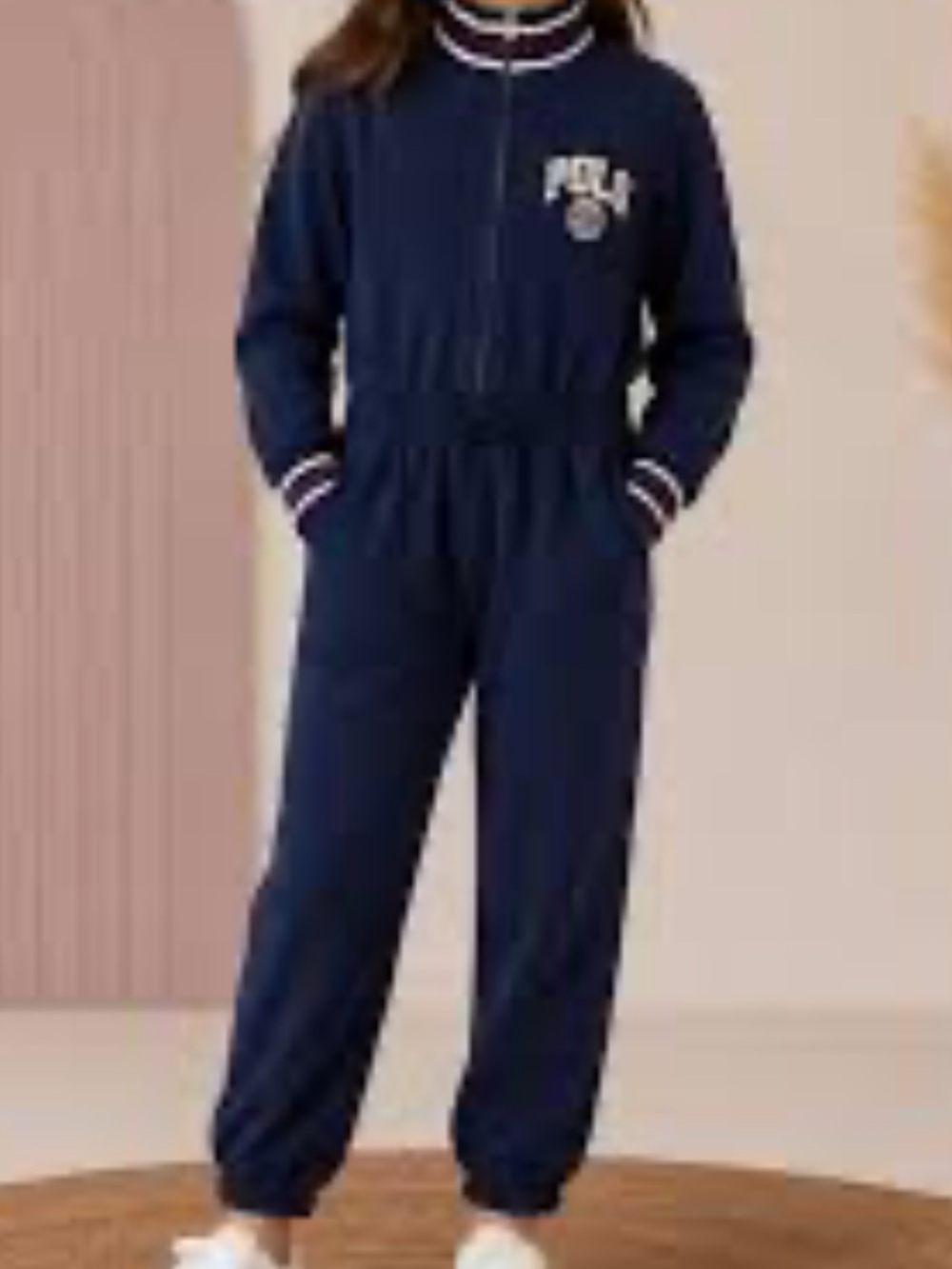 Ralph Lauren Navy Girls Long Sleeve Jumpsuit with Stripe Trim